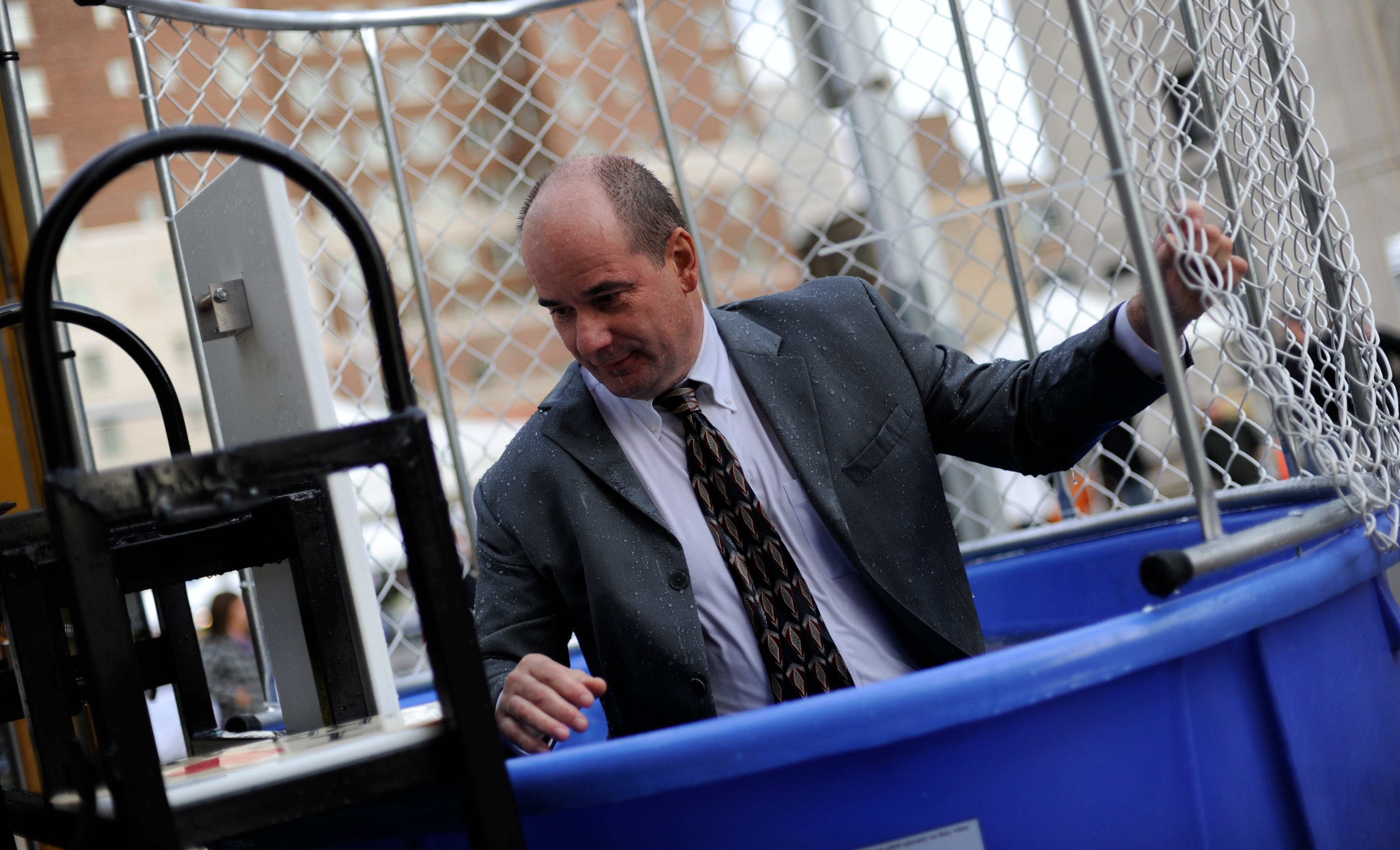 Nolan Finley gets wet in a dunk tank at Blocktoberfest, a fundraiser for the United Way in Downtown Detroit on Oct. 13, 2009.