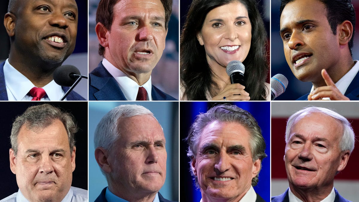 This combination of photos shows Republican presidential candidates expected to participate in the first GOP presidential debate on Aug. 23, 2023 in Milwaukee. Top row from left, Sen. Tim Scott, R-S.C., Florida Gov. Ron DeSantis, former South Carolina Gov. Nikki Haley, and Vivek Ramaswamy, bottom row from left, former New Jersey Gov. Chris Christie, former Vice President Mike Pence, North Dakota Gov. Doug Burgum and Governor Asa Hutchinson.