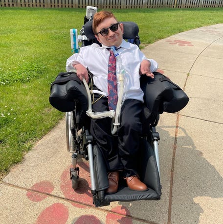 Sam Bukovac in his wheelchair.