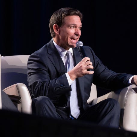 Presidential candidate and Florida Gov. Ron DeSantis speaks at The Gathering in Atlanta, on Friday, Aug. 18, 2023.