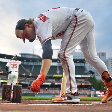 Orioles shortstop Gunnar Henderson gets ready for an at-bat against the Blue Jays at Camden Yards.