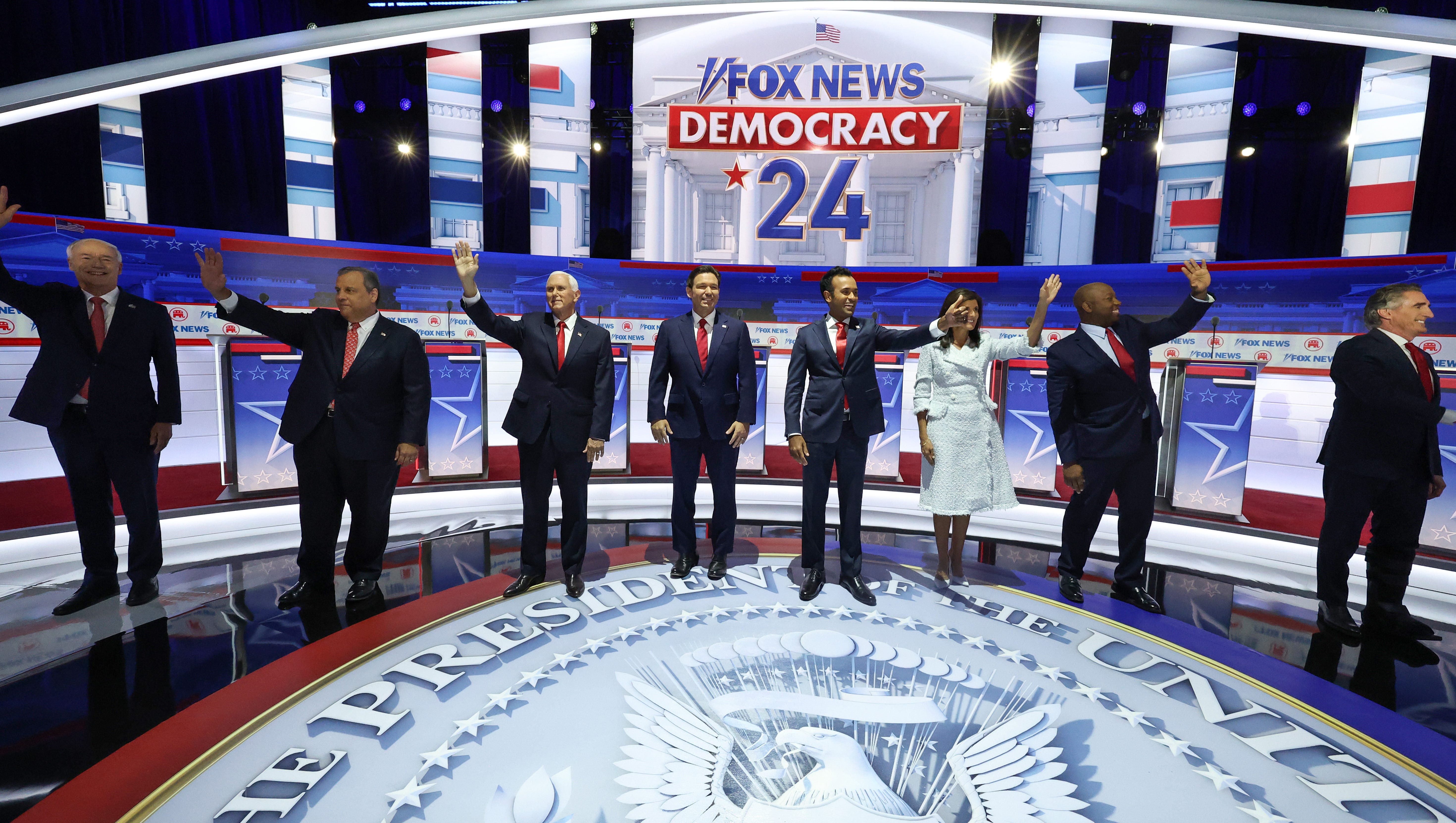 August 23, 2023: Republican presidential candidates (L-R), former Arkansas Gov. Asa Hutchinson, former New Jersey Gov. Chris Christie, former U.S. Vice President Mike Pence, Florida Gov. Ron DeSantis, Vivek Ramaswamy, former U.N. Ambassador Nikki Haley, U.S. Sen. Tim Scott (R-SC) and North Dakota governor Doug Burgum, are introduced during the first debate of the GOP primary season hosted by FOX News at the Fiserv Forum in Milwaukee, Wisconsin. The 8 presidential hopefuls squared off in the first Republican debate as former U.S. President Donald Trump, currently facing indictments in four locations, declined to participate in the event.