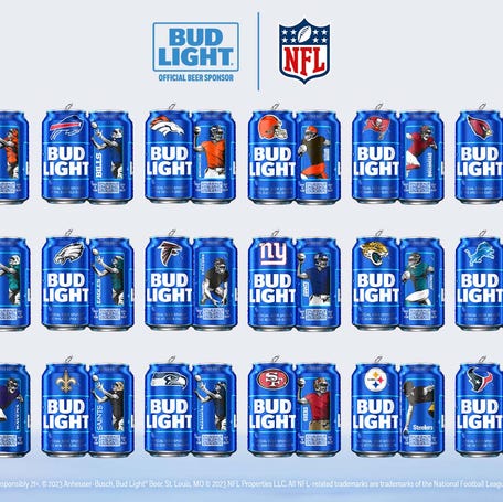 Limited-edition Bud Light cans for 23 NFL teams with team colors, logos and a player illustration are hitting stores now. Each can has a QR code that can be scanned for a chance to win a free subscription to NFL Sunday Ticket and merchandise from Fanatics.