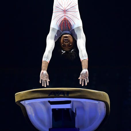 INDIANAPOLIS, INDIANA - MAY 22: Simone Biles lands the Yurchenko double pike while competing on the vault during the 2021 GK U.S. Classic gymnastics competition at the Indiana Convention Center on May 22, 2021 in Indianapolis, Indiana. Biles became the first woman in history to land the Yurchenko double pike in competition. (Photo by Emilee Chinn/Getty Images) ORG XMIT: 775658422 ORIG FILE ID: 1319535584