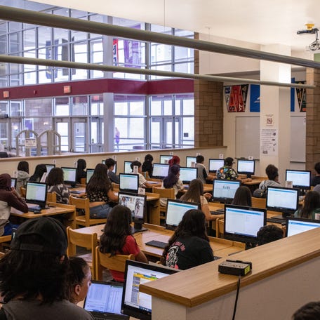 High school freshman students take a reading test during orientation in Laveen, Arizona, in 2022.