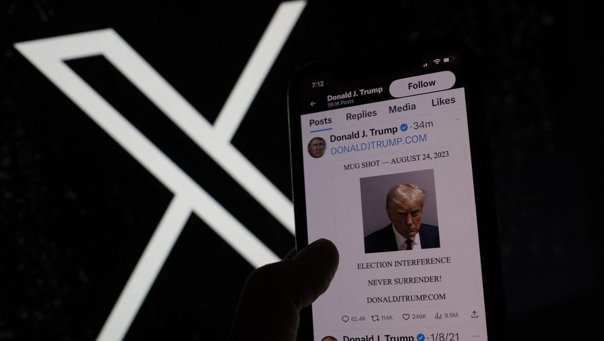 This illustration photo shows former US President Donald Trump's mugshot on X (formerly Twitter), on August 24, 2023. Former president Donald Trump posted his police mugshot on X, the former Twitter, on August 24 after his arrest in Georgia, his first post on the platform since January 2021.
