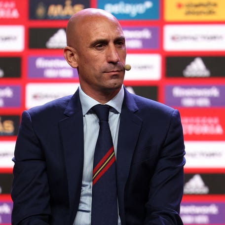 (FILES) The President of the Spanish Football federation Luis Rubiales sits as he attends the official presentation to the press of Spain's national football team newly appointed head coach in Las Rozas, outside Madrid, on December 12, 2022. Spanish football federation chief Luis Rubiales' apology for kissing star player Jenni Hermoso on the lips after Spain won the Women's World Cup is "insufficient" and his gesture "unacceptable" Spanish   Prime Minister said on August 22, 2023. Rubiales, 45, kissed Hermoso as he handed the Spanish team gold medals after they beat England 1-0 in the final in Sydney, provoking outrage in Spain. (Photo by Thomas COEX / AFP) (Photo by THOMAS COEX/AFP via Getty Images) ORIG FILE ID: AFP_33T2633.jpg