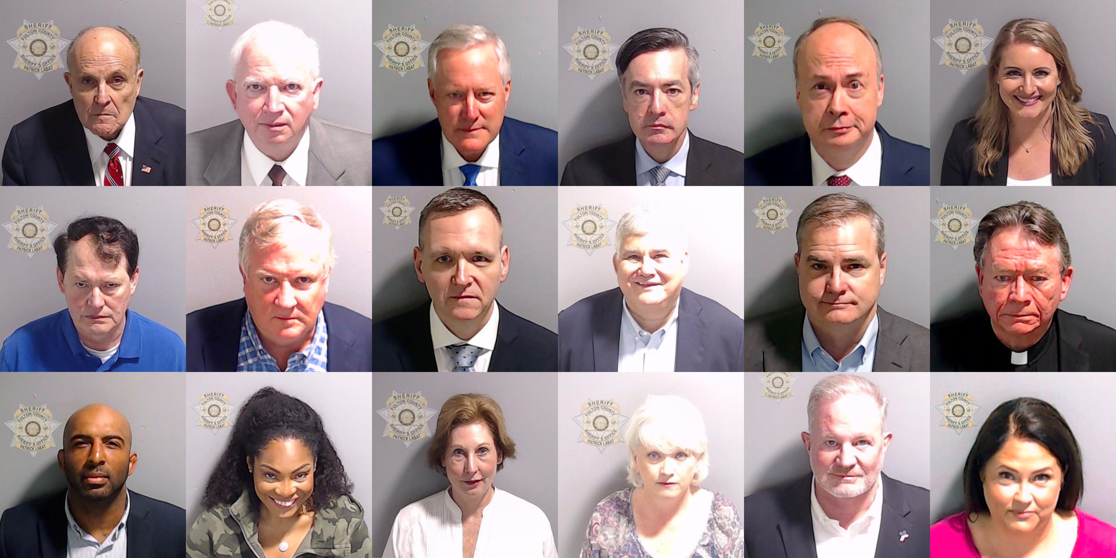 These handout booking photos provided by the Fulton County Sheriff's Office show the 18 co-defendants who surrendered and were booked along with former President Donald Trump after they were indicted on charges related to their efforts to overturn the 2020 US Presidential election in Georgia.  Top row (l-r): Rudolph William Louis Giuliani, John Charles Eastman,Mark Randall Meadows, Kenneth John Chesebro, Jeffrey Bossert Clark,Jenna Lynn Ellis  Middle row (l-r): Ray Stallings Smith III, Robert David Cheeley, Michael A. Roman, David James Shafer, Shawn Micah Tresher Still, Stephen Cliffgard Lee  Bottom row (l-r): Harrison William Prescott Floyd, Trevian C. Kutti, Sidney Katherine Powell, Cathleen Alston Latham, Scott Graham Hall, Misty Hampton