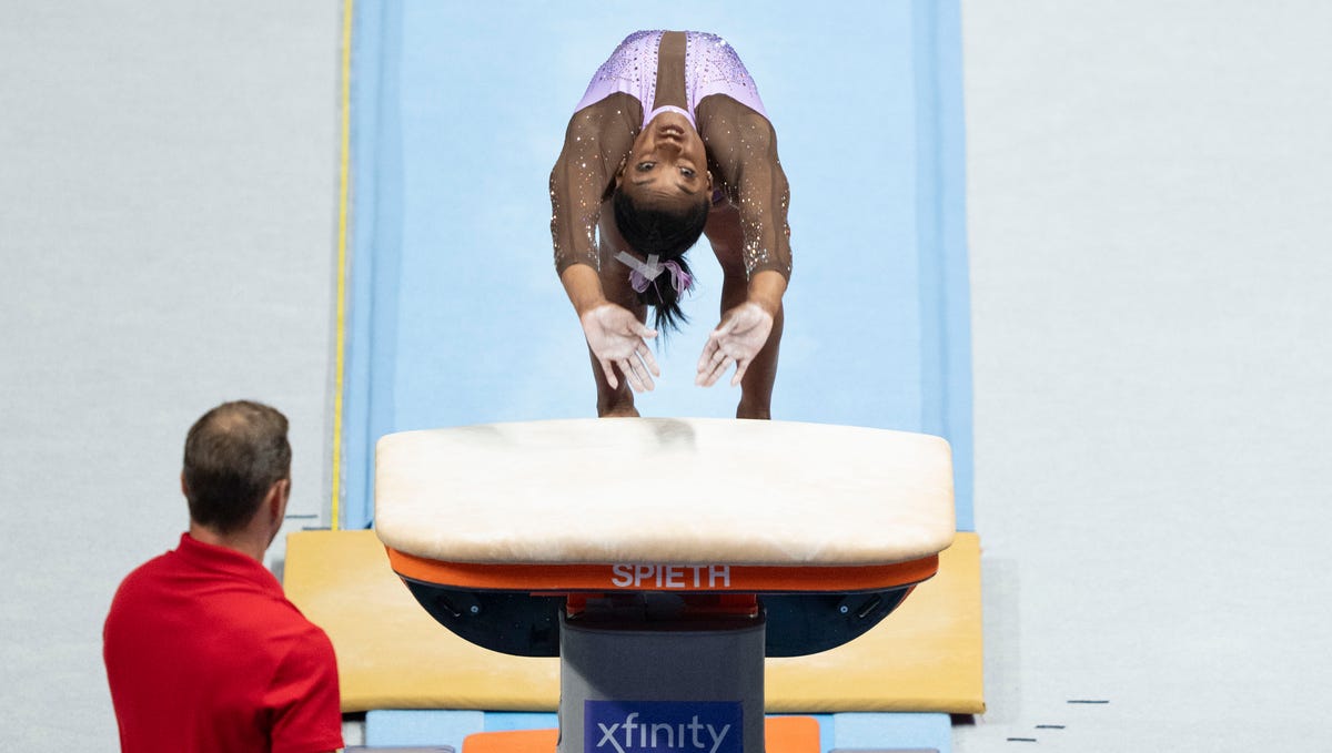 Simone Biles has separated herself from the competition in vault with the Yurchenko double pike.