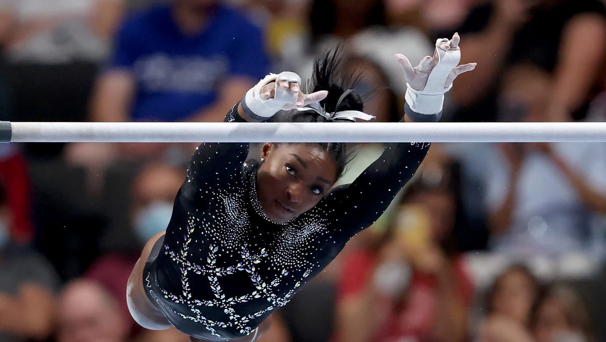 Simone Biles competes in the uneven bars at the U.S. Gymnastics Championships at SAP Center.