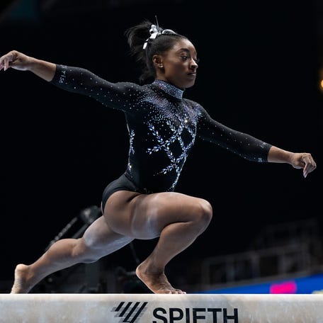 Simone Biles performs on the balance beam during the 2023 U.S. Gymnastics Championships at SAP Center.