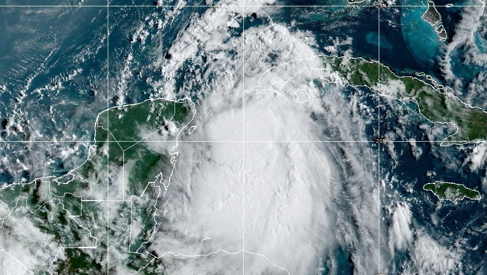 Tropical Storm Idalia, now forecast to become a major hurricane before a landfall along Florida's northern Gulf Coast, moves closer toward the Gulf of Mexico in this image taken by NOAA satellite on the morning of Aug. 28, 2023.