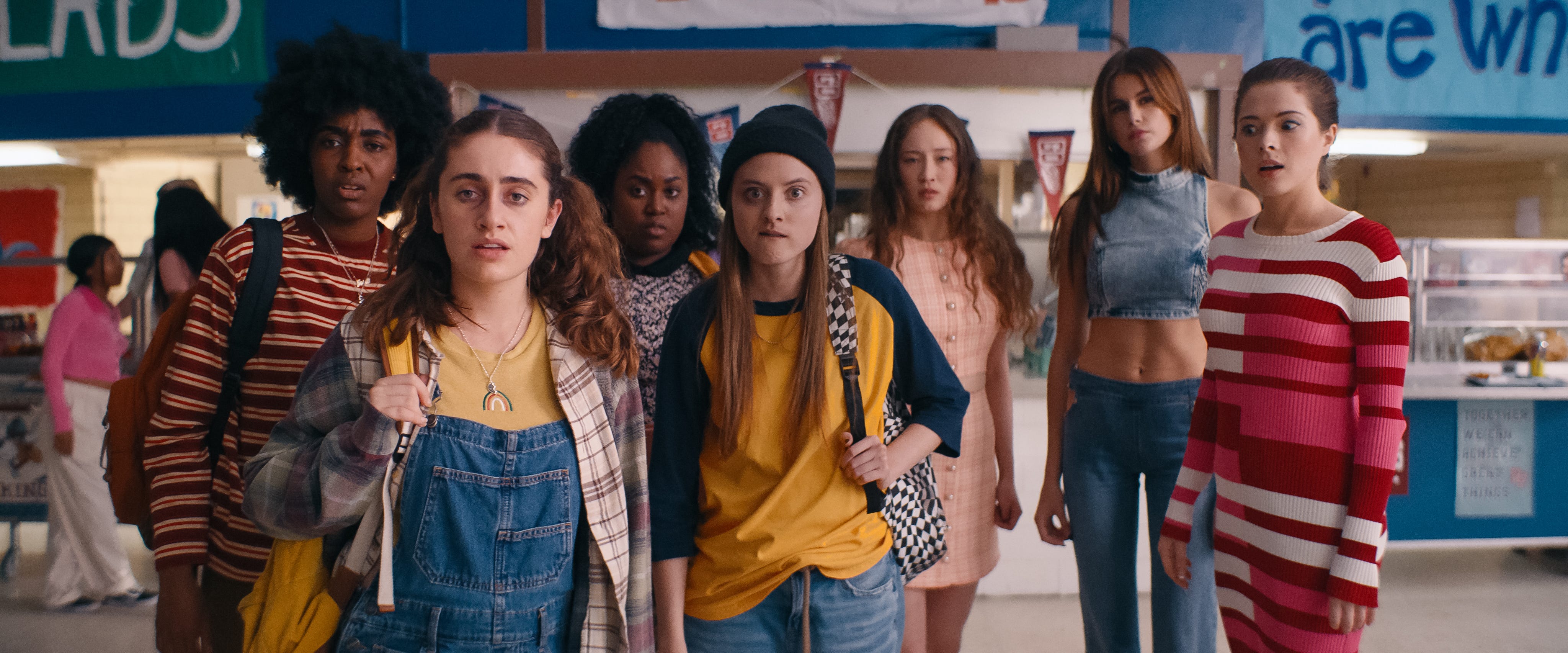 Ayo Edebiri (far left), Rachel Sennott, Zamani Wilder, Summer Joy Campbell, Havana Rose Liu, Kaia Gerber and Virginia Tucker play members of an empowering girls fight club in "Bottoms."