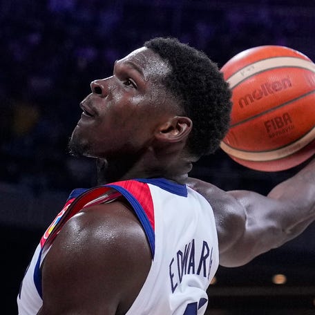 USA guard Anthony Edwards dunks against Jordan during the second half of a Basketball World Cup group C match in Manila, Philippines.