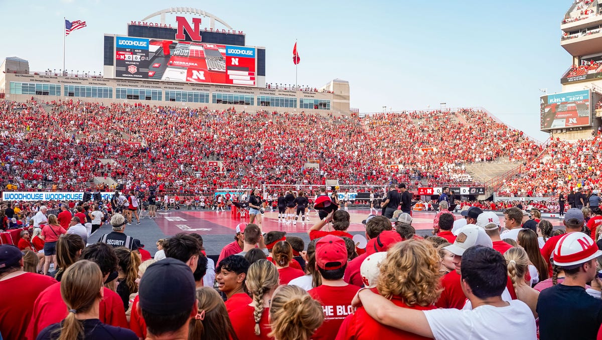 Fans watch as the Nebraska Cornhuskers and the Omaha Mavericks warmup before the game at Memorial Stadium on Aug 30, 2023 in Lincoln, NE.