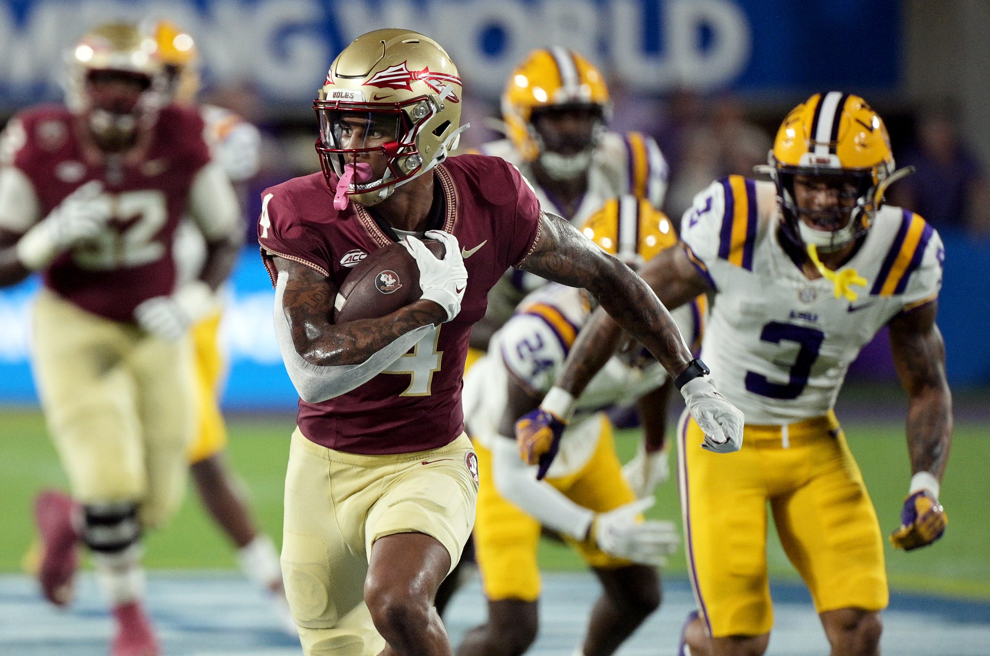 Florida State wide receiver Keon Coleman runs the ball for a touchdown.