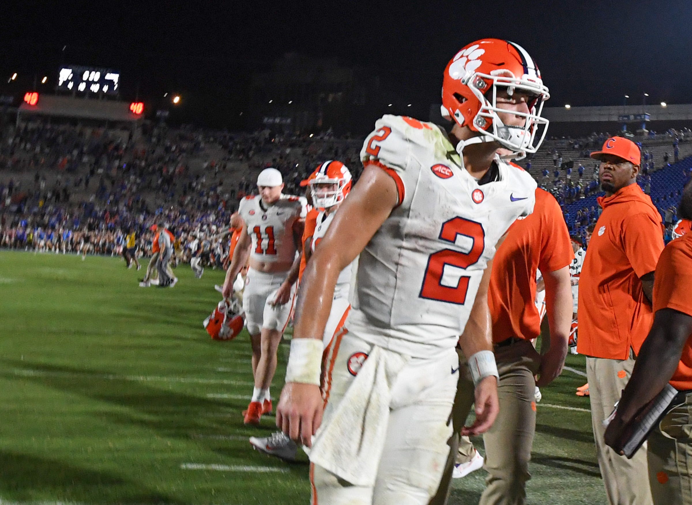 Clemson quarterback Cade Klubnik (2) walks away after the game with Duke at Wallace Wade Stadium in Durham, N.C. Monday, Sept 4, 2023. Duke won 28-7.