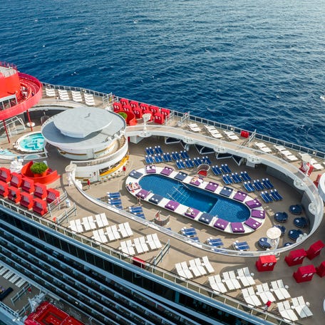 Aerial view of a Virgin Voyages ship deck.
