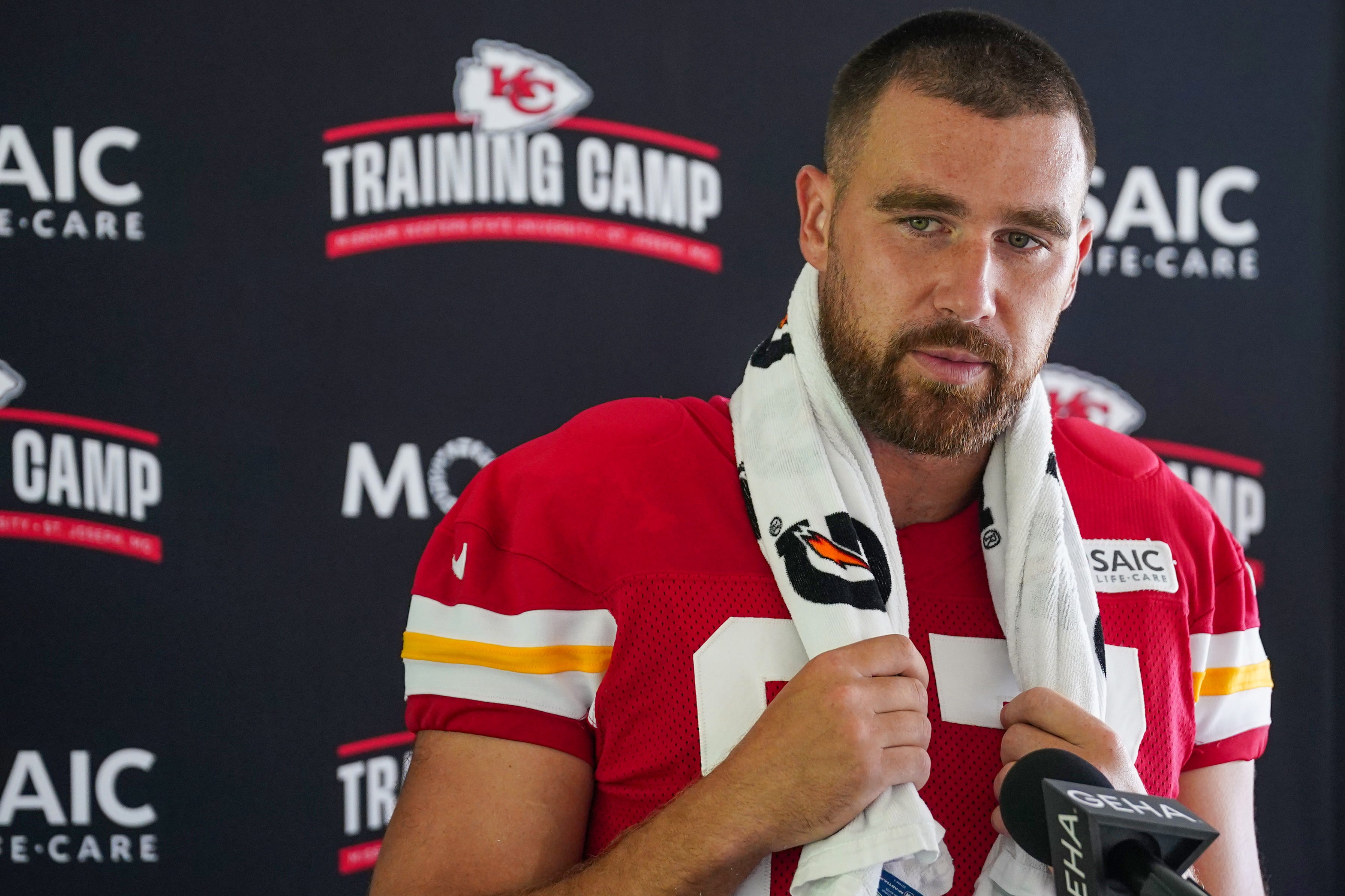 Kansas City Chiefs tight end Travis Kelce (87) answers questions from reporters during training camp at Missouri Western State University.