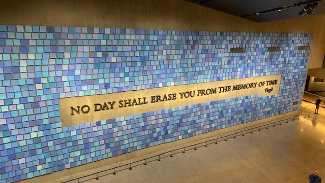 Spencer Finch's art installation “Trying to Remember the Color of the Sky on That September Morning” dominates a wall in the 9/11 Memorial Museum in Manhattan. In trying to capture the blue of that sky, it comprises 2,983 individual watercolors.