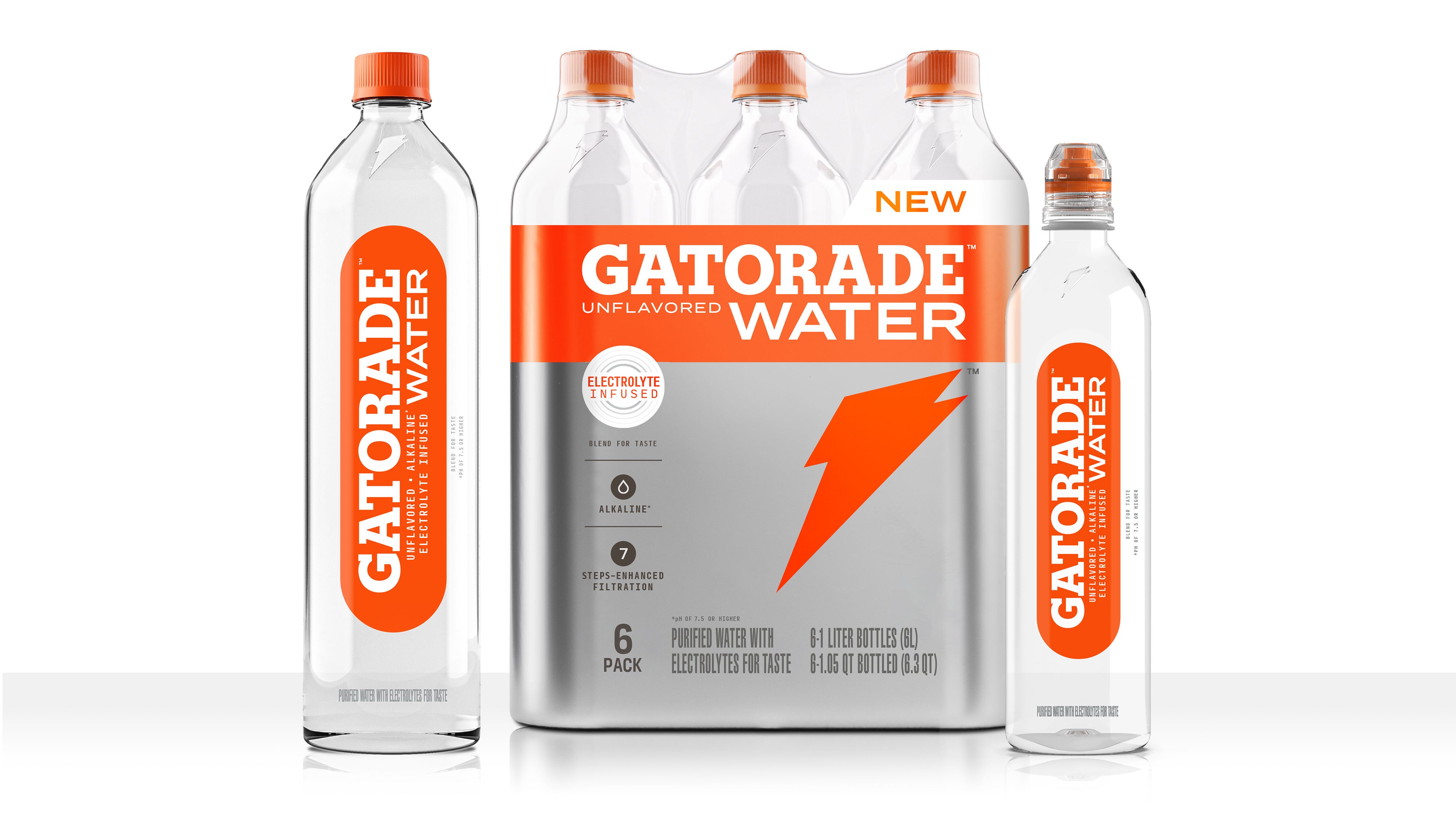 Gatorade Water, due out in early 2024, is a zero-calorie unflavored alkaline water, purified with a "7-step, enhanced filtration process," and containing 65 to 90 milligrams of sodium, in the 700-milliliter or 1-liter bottles, respectively.