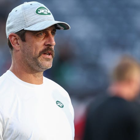 Aug 19, 2023; East Rutherford, New Jersey, USA; New York Jets quarterback Aaron Rodgers (8) during warmups for the Jets game against the Tampa Bay Buccaneers at MetLife Stadium. Mandatory Credit: Ed Mulholland-USA TODAY Sports