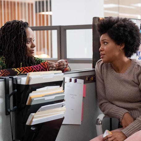 Hazel (Ashleigh Murray) and Nella (Sinclair Daniel) in a scene from the new Hulu series, "The Other Black Girl."