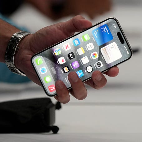 The iPhone 15 Pro is shown after its introduction on the Apple campus, Tuesday, Sept. 12, 2023, in Cupertino, Calif.