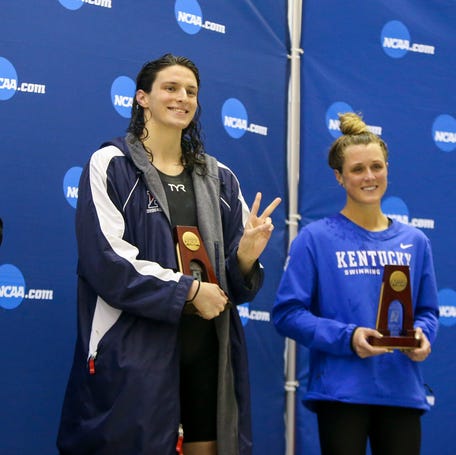 From left, Stanford Cardinal swimmer Lillie Nordmann, Penn Quakers swimmer Lia Thomas and Kentucky Wildcats swimmer Riley Gaines on March 18, 2022, in Atlanta.