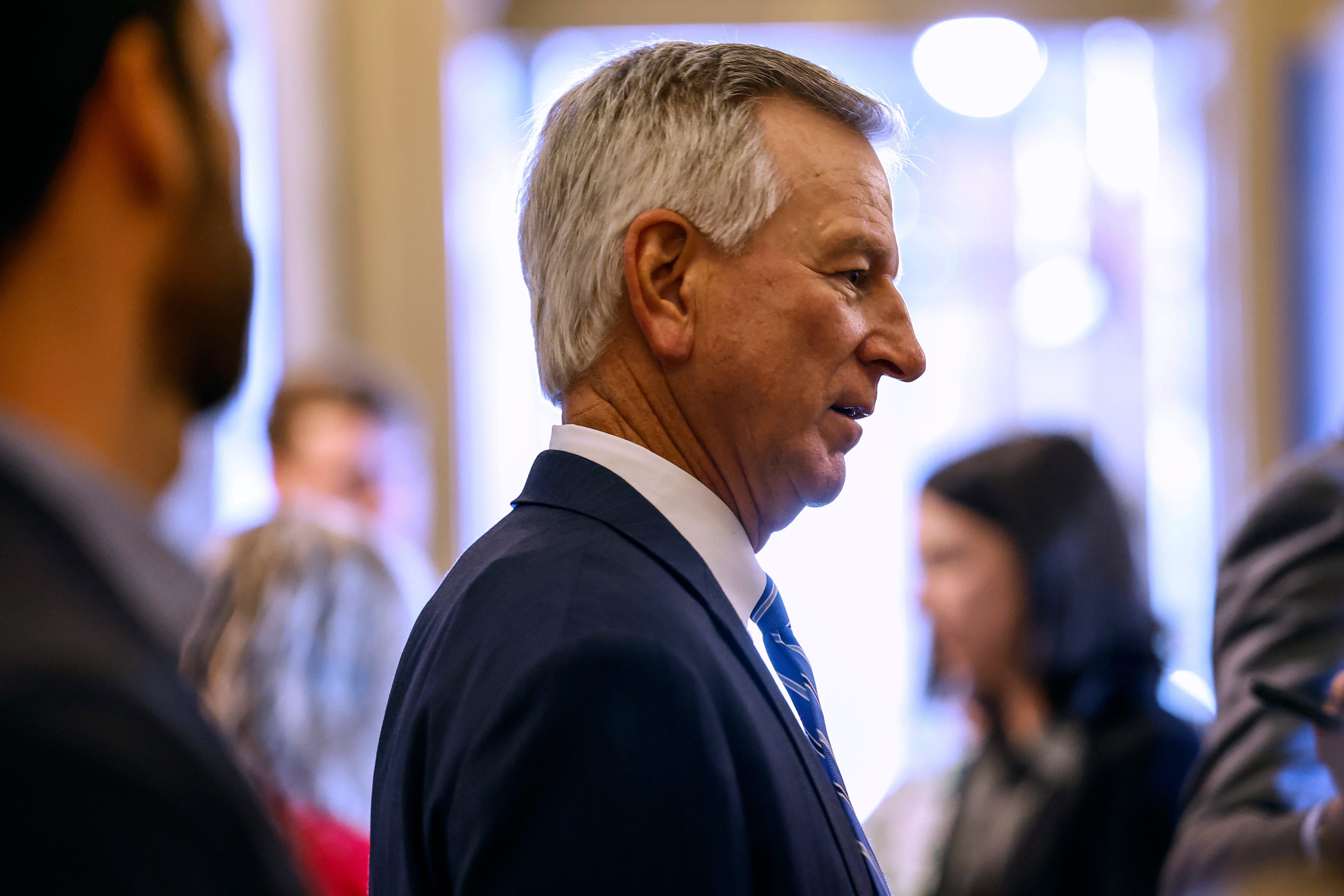 WASHINGTON, DC - SEPTEMBER 13: Sen. Tommy Tuberville (R-AL) speaks with reporters as he leaves a luncheon with Senate Republicans in the U.S. Capitol on September 13, 2023 in Washington, DC. Senate Republicans were briefed by House Republicans leading the impeachment inquiry against U.S. President Joe Biden. (Photo by Anna Moneymaker/Getty Images) ORG XMIT: 776031873 ORIG FILE ID: 1678767802