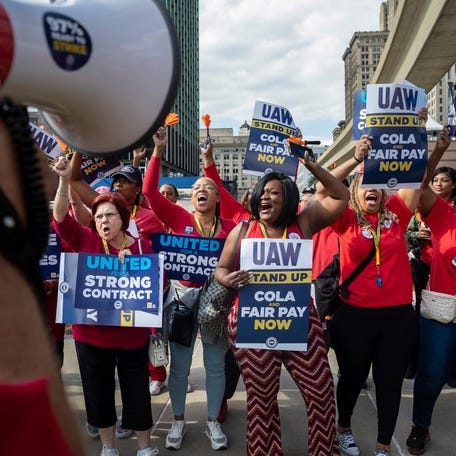 After contract negotiations stalled with all three Detroit automakers, United Auto Workers from Local 862 picket in solidarity outside the UAW-Ford Joint Trusts Center for a rally in Detroit on Friday, Sept. 15, 2023.