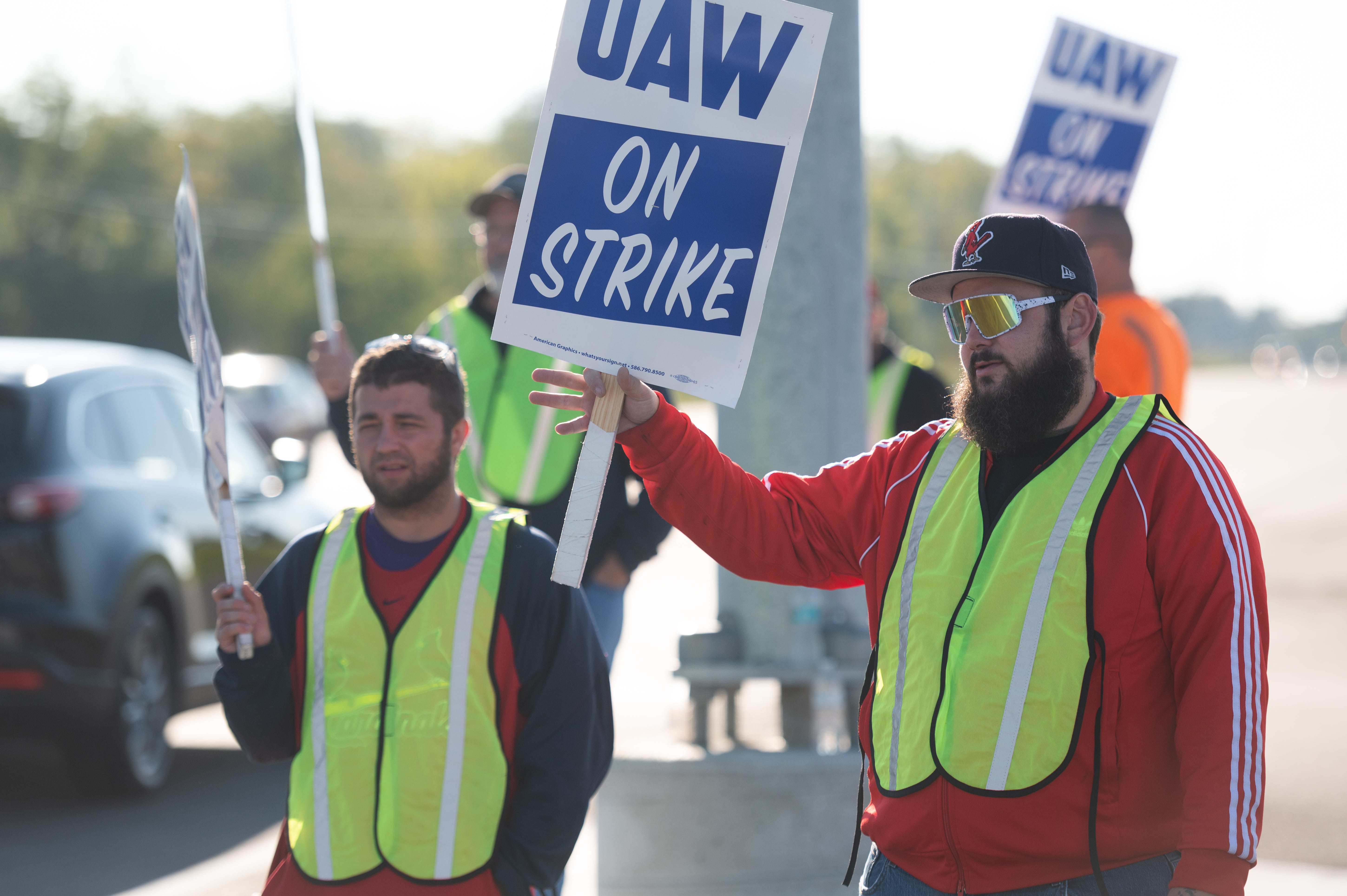 GM workers with the UAW Local 2250 Union strike outside the General Motors Wentzville Assembly Plant on Sept. 15, 2023 in Wentzville, Mo.