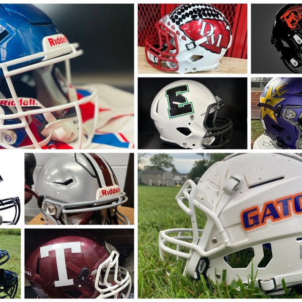 The 2023 high school football helmets for Peoria-area small schools. Upper left: Peoria Heights; upper right, Deer Creek-Mackinaw, Elmwood/Brimfield, Eureka and Farmington; lower right, Peoria Quest; lower left, Fieldcrest, Illinois Valley Central, Princeville and Tremont,