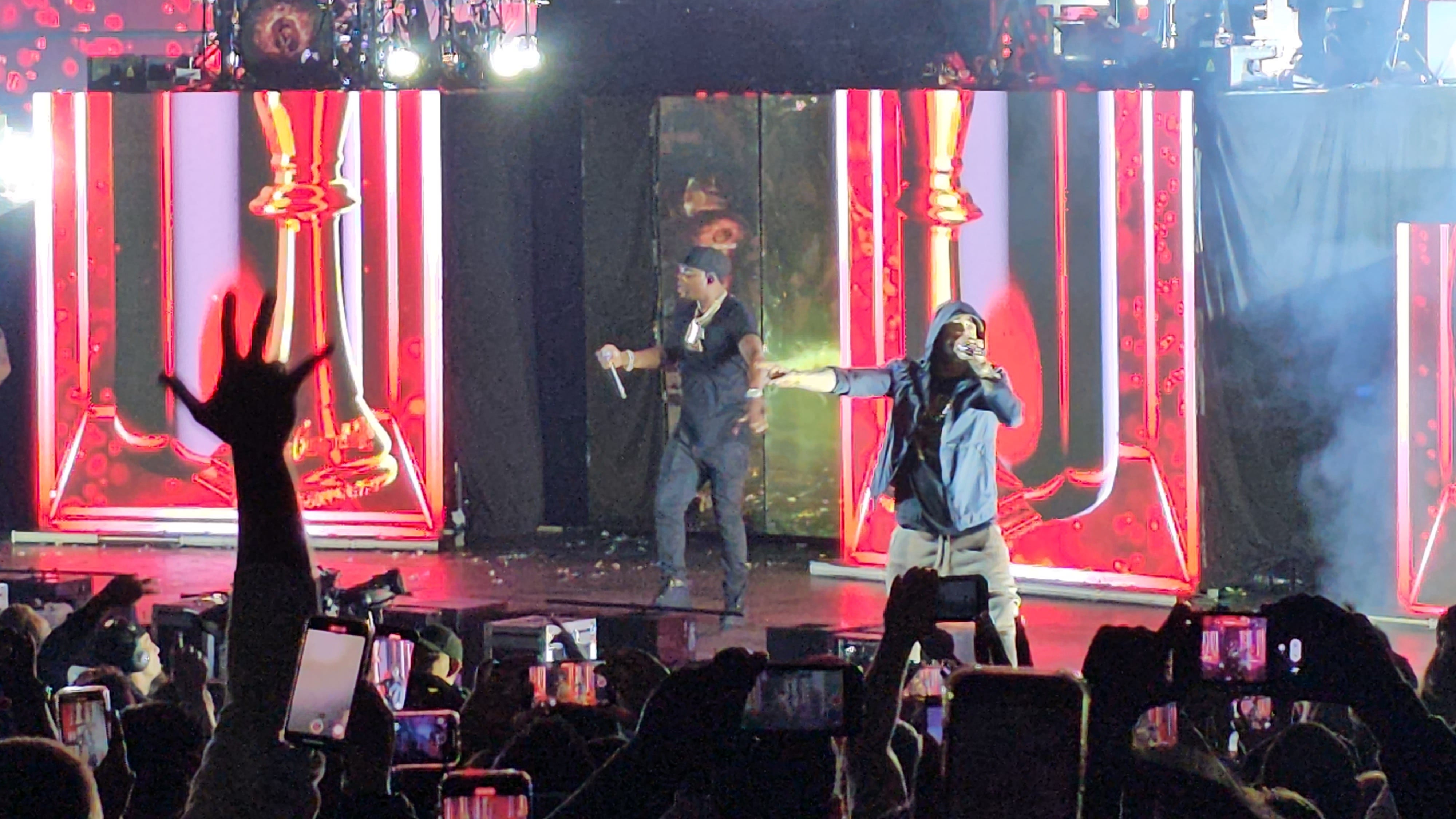 Eminem joins 50 Cent onstage at Pine Knob Music Theatre on Sept. 17, 2023, in Clarkston.