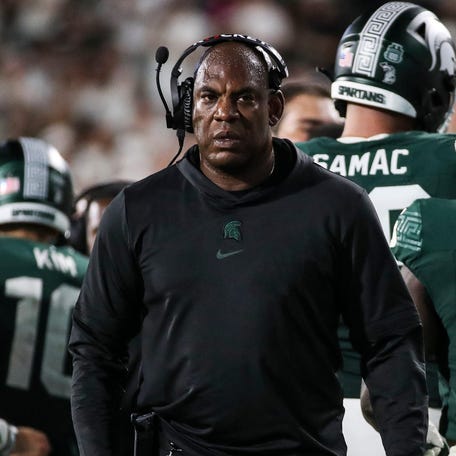Mel Tucker looks on during a Michigan State game against Central Michigan on Sept. 1, 2023.