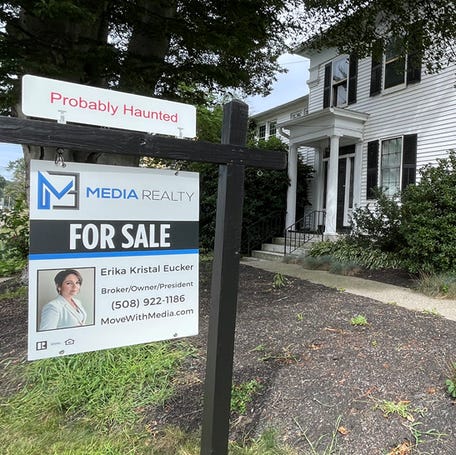 The Turgeon Funeral Home at 54 Main Street in Millbury, Massachusetts was listed for sale on September 20, 2023 and the for sale sign out front of the property reads, 'Probably haunted'.