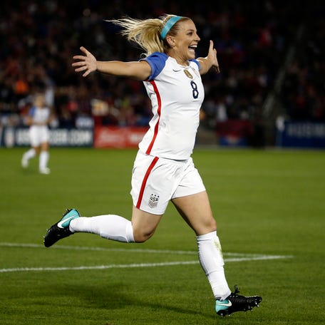 FILE - United States defender Julie Ertz (8) celebrates after scoring a goal against New Zealand during the first half of an international friendly soccer match in Commerce City, Colo., Friday, Sept. 15, 2017. Two-time U.S. Soccer Player of the Year Julie Ertz has retired from soccer after a 10-year career that included back-to-back Women's World Cup titles. I gave everything I had to the sport that I love,