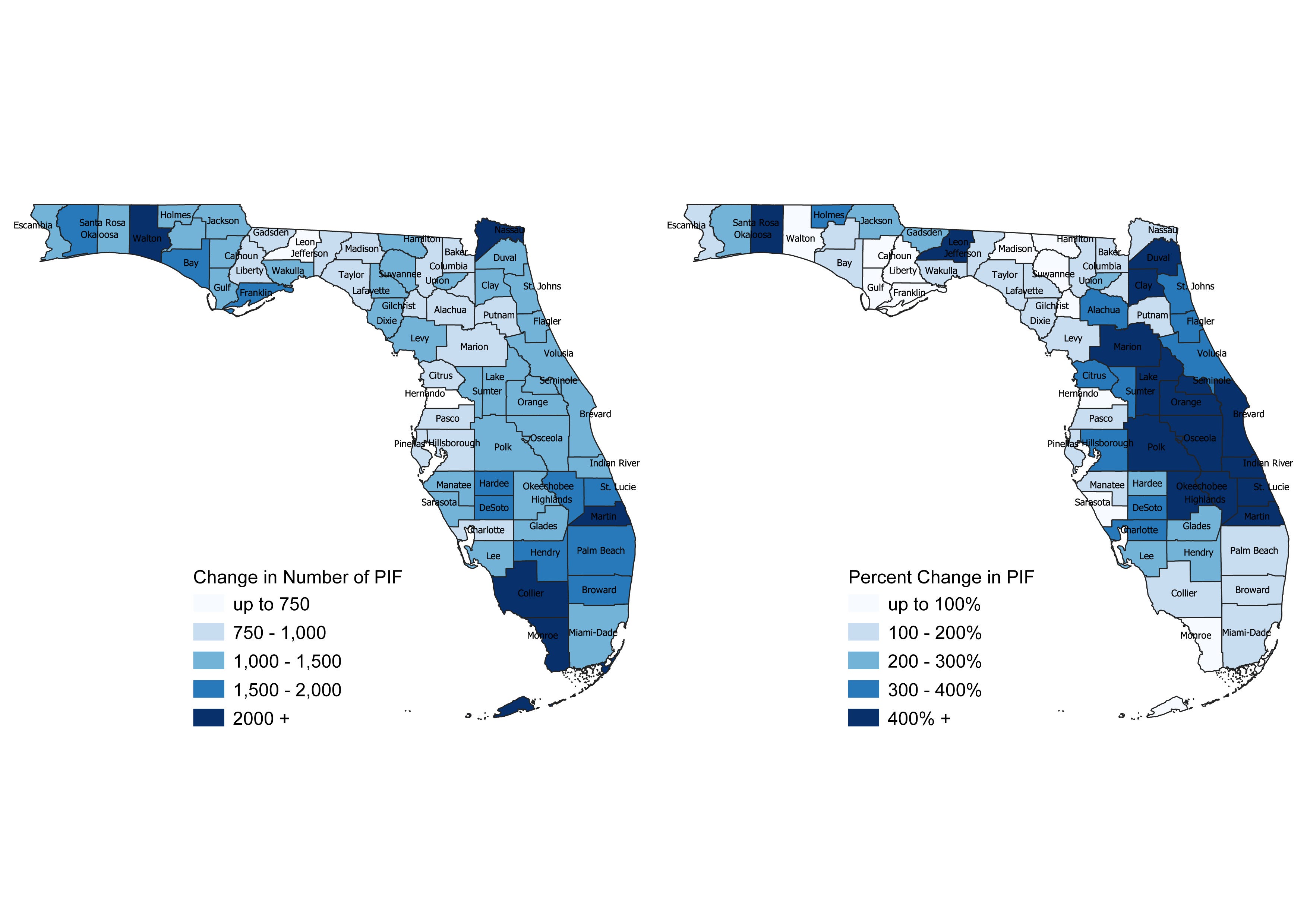 Graphic shows increases by percentage and number of state-created insurer Citizens Property Insurance Corporation's policies in force (PIF) between 2016 and 2023. Monroe and Collier counties had the largest increase in numbers while the percentage of households that turned to Citizens for homeowner's insurance grew the most in inland counties Seminole, Orange and Osceola.