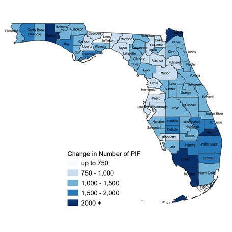 Graphic shows increases by percentage and number of state-created insurer Citizens Property Insurance Corporation's policies in force (PIF) between 2016 and 2023. Monroe and Collier counties had the largest increase in numbers while the percentage of households that turned to Citizens for homeowner's insurance grew the most in inland counties Seminole, Orange and Osceola.