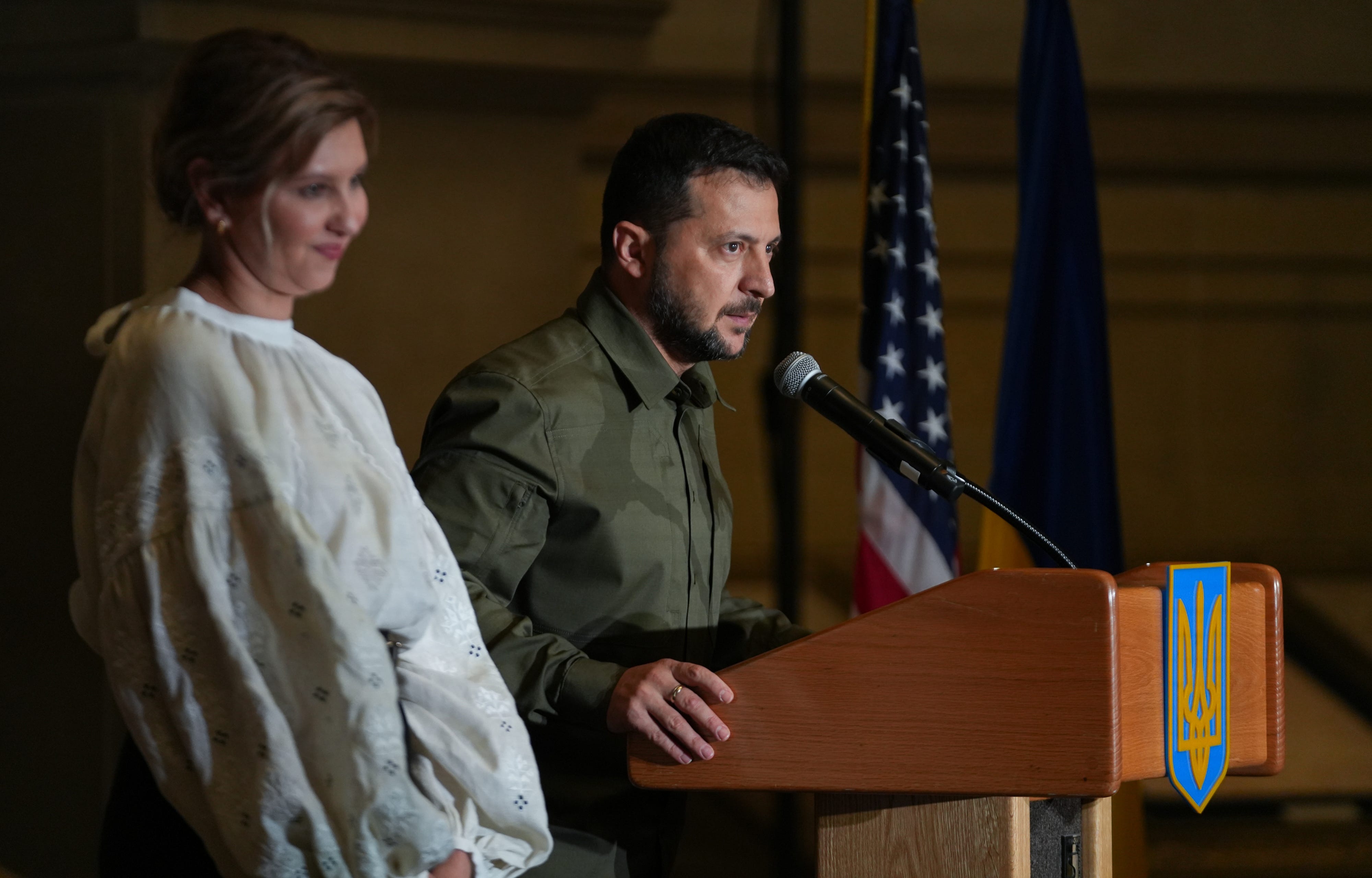 Ukrainian President Volodymyr Zelenskyy speaks at the National Archives building on September 21, 2023.