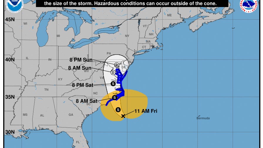 The National Hurricane Center on Friday at 11 a.m. issued an updated forecast cone for a storm aimed at the East Coast.