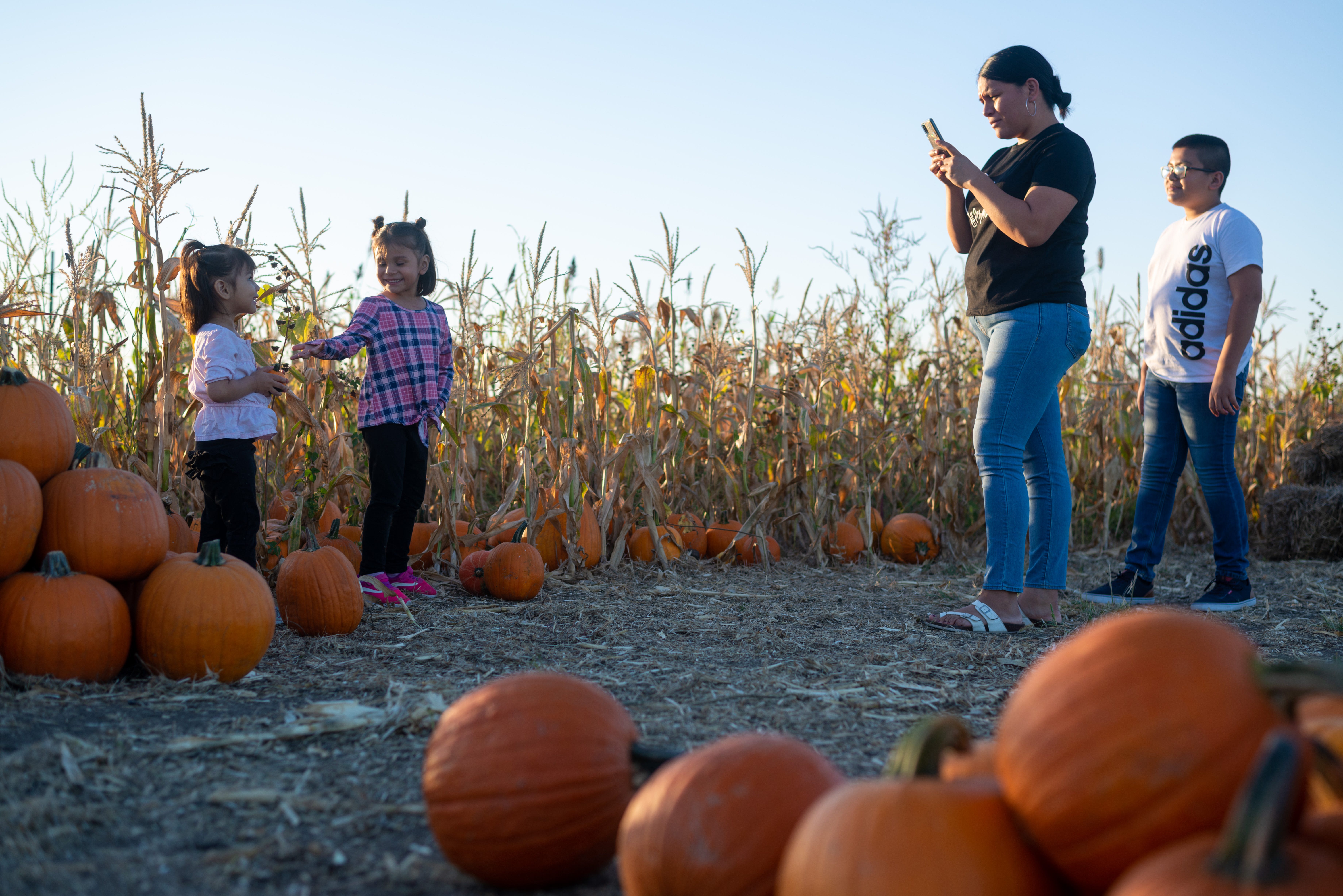 The Velazquez family of, from right, Luis, 10, Rosa, Lia, 4 and Amalya, 2, enjoy taking fall photos surrounded by pumpkins at Berry Hill UPick Farm, 5840 SE Croco Rd. on October 23, 2021.