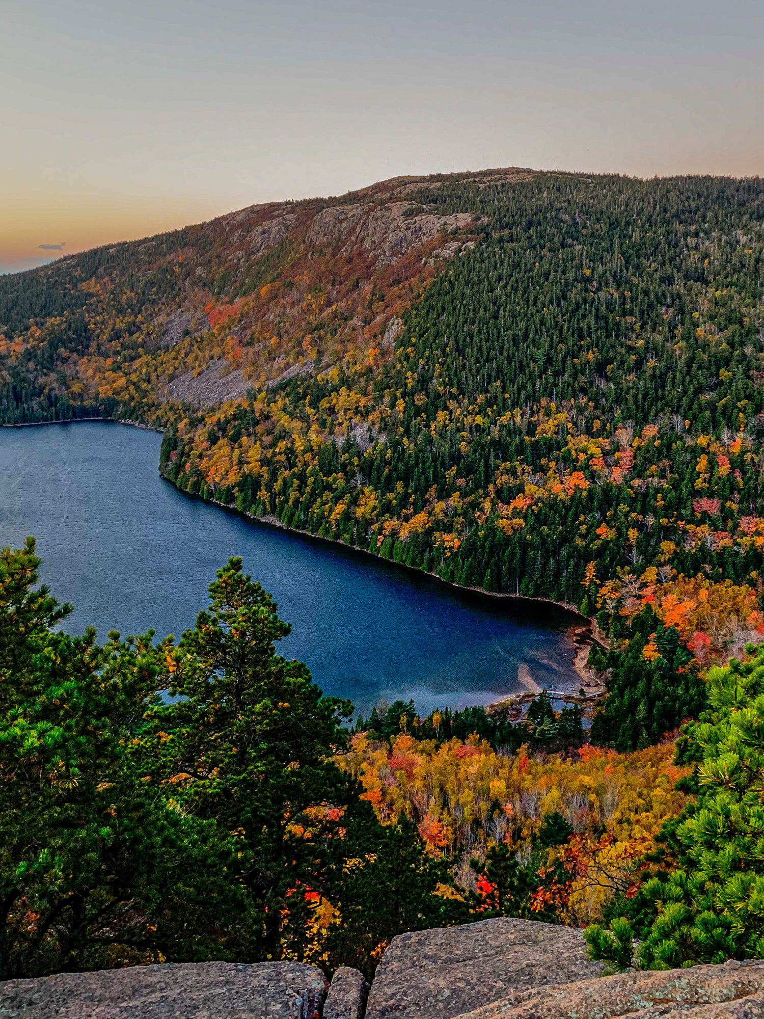 A view of the ocean and fall foliage from a trail in Acadia National Park, Maine, in October 2021.