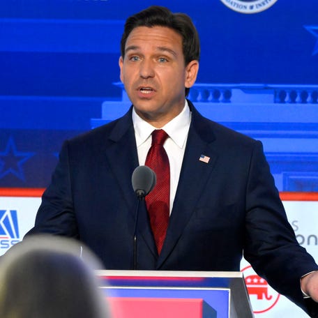 Florida Gov. Ron DeSantis speaks during the FOX Business Republican presidential primary debate at the Ronald Reagan Presidential Library and Museum.