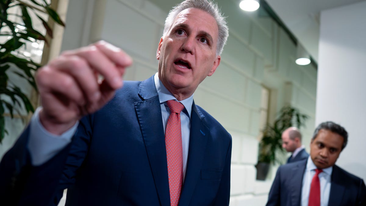 Following a closed-door Republican strategy session, Speaker of the House Kevin McCarthy, R-Calif., talks to reporters about updates on funding the government and averting a shutdown, at the Capitol in Washington, Wednesday, Sept. 27, 2023. (AP Photo/J. Scott Applewhite)