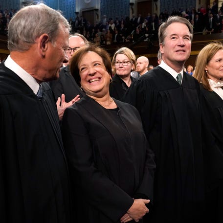 Chief Justice of the United States John Roberts and Justices Elena Kagan, Brett Kavanaugh, Amy Coney Barrett and Ketanji Brown Jackson arrive before President Joe Biden delivers the State of the Union address on March 1, 2023.