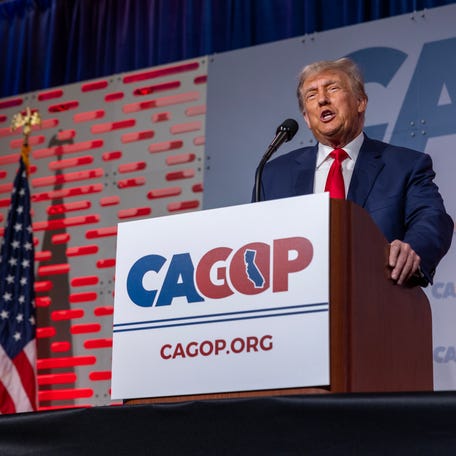 ANAHEIM, CALIFORNIA - SEPTEMBER 29: Former U.S. President Donald Trump speaks at the California GOP Fall convention on September 29, 2023 in Anaheim, California. Presidential candidates set to speak at the convention include former President Donald Trump, Florida Gov. Ron DeSantis, South Carolina Sen. Tim Scott, and entrepreneur, Vivek Ramaswamy. The event takes place from September 29 through October 1. (Photo by David McNew/Getty Images) ORG XMIT: 776038048 ORIG   FILE ID: 1697758353