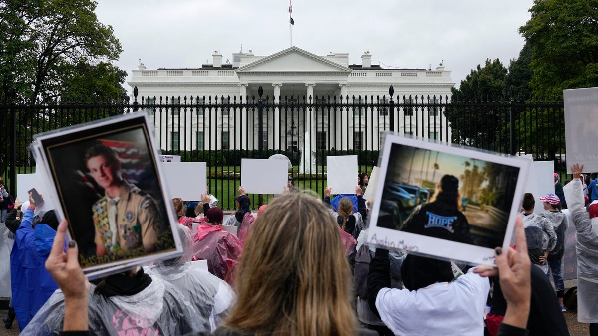 People protest in front of the White House to raise awareness of opioid-related deaths on Saturday, Sept. 23, 2023, in Washington.