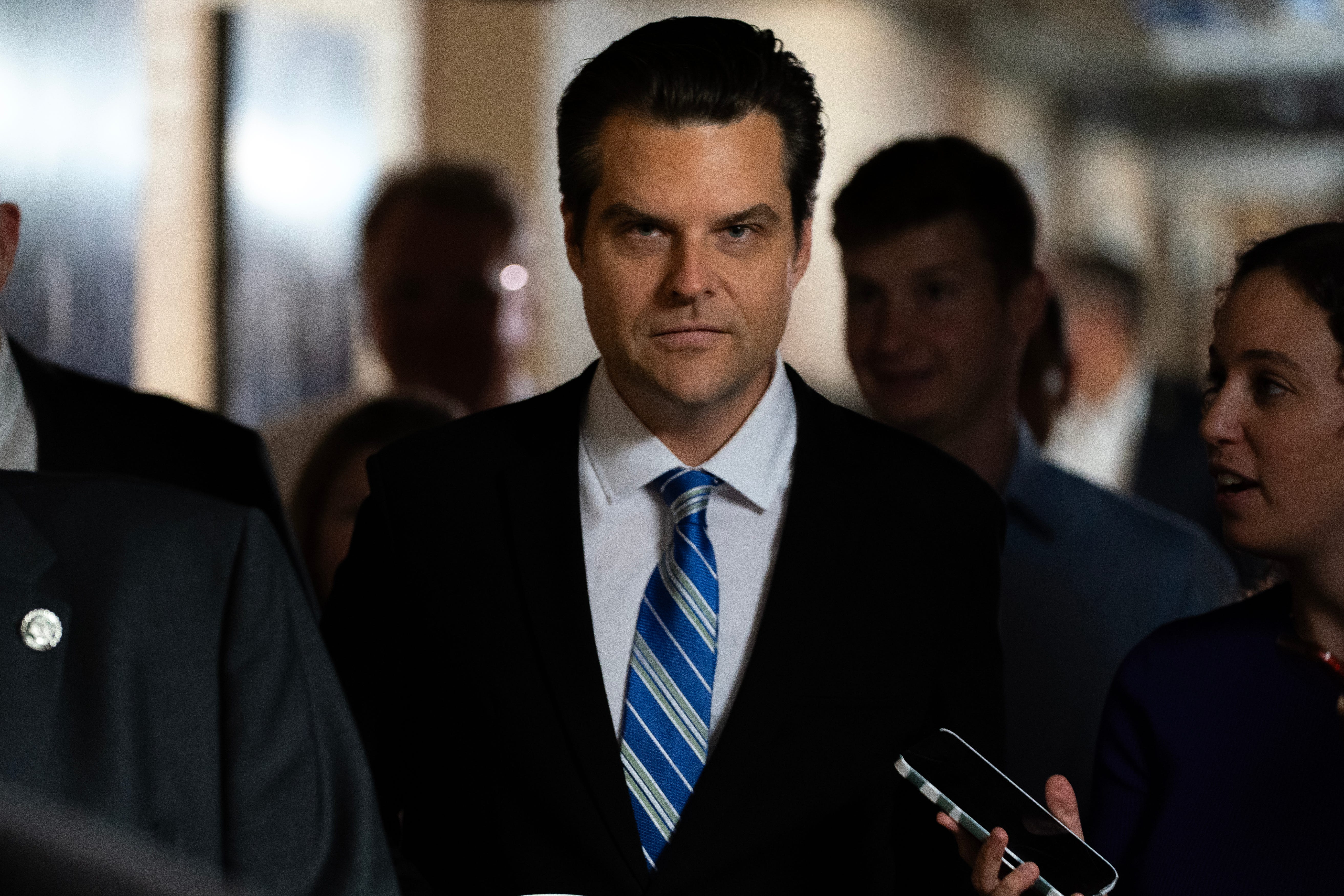 House Freedom Caucus member Rep. Matt Gaetz (R-FL) arrives for a meeting of the Republican House caucus on Sept. 30, 2023, in Washington, DC. The government is expected to shut down at midnight if the House does not reach a last-minute budget deal on Saturday.