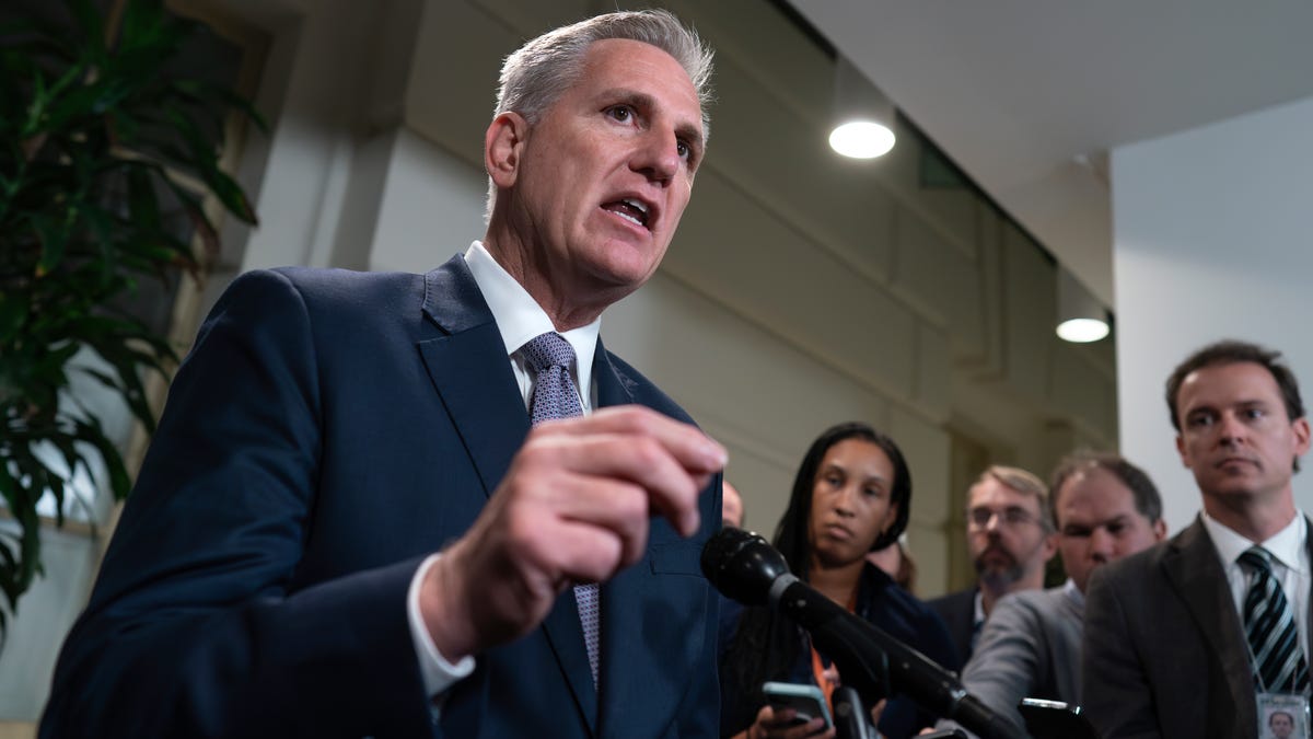 Speaker of the House Kevin McCarthy, R-Calif., talks to reporters following a closed-door meeting with House Republicans after his last-ditch plan to keep the government temporarily open collapsed yesterday, at the Capitol in Washington, Saturday, Sept. 30, 2023.